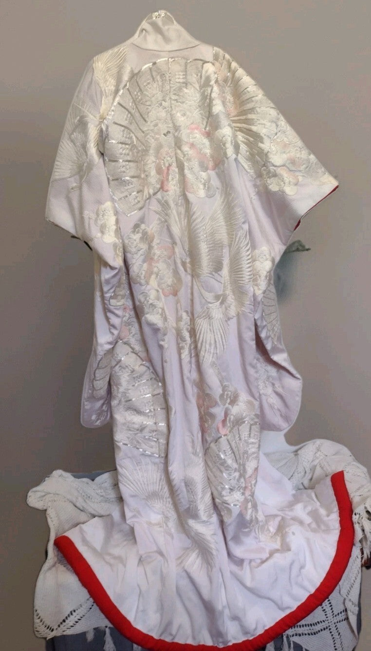 Vintage Japanese Uchikake Wedding Kimono Crane Embroidered Bridal Robe White Red