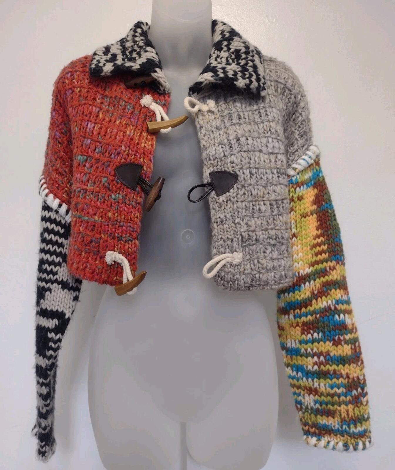 BDG Urban Outfitters Flynn Toggle Cardigan Chunky Knit Patchwork Cropped Sz XS