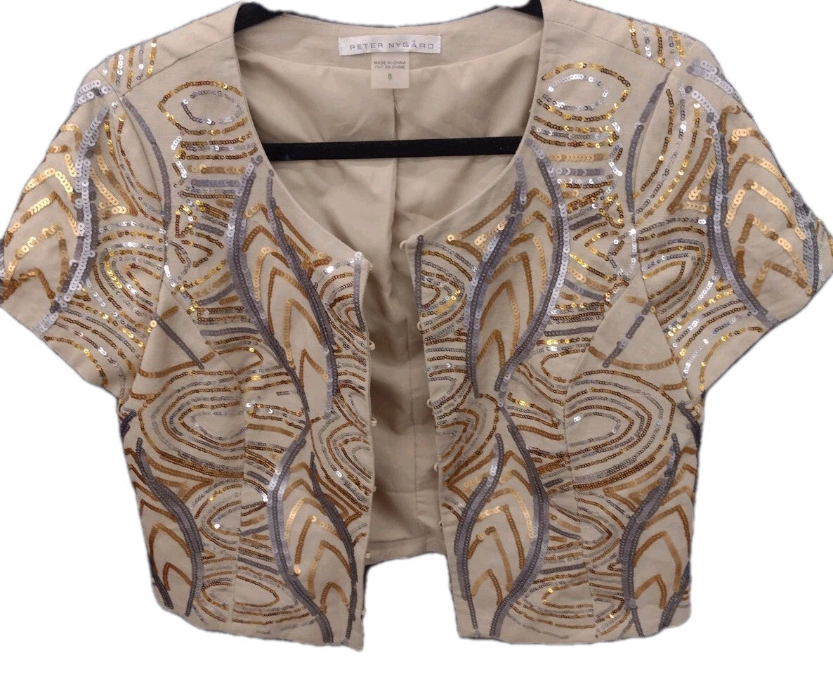 Peter Nygard Sequin Cropped Jacket Sz 8 Art Deco Gatsby Metallic Evening Bolero