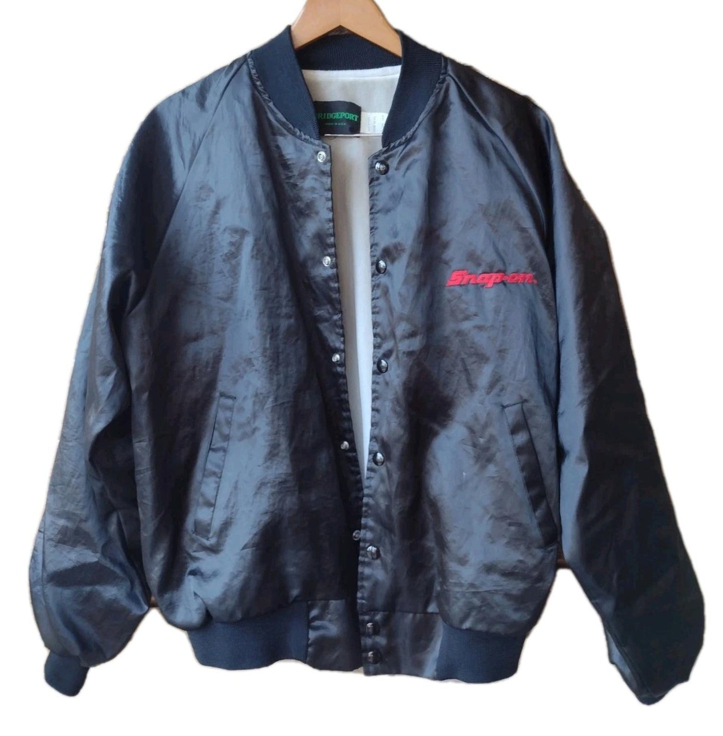 VTG 80s Snap‑On Tools Black Satin Bomber Jacket L Bridgeport USA Nylon
