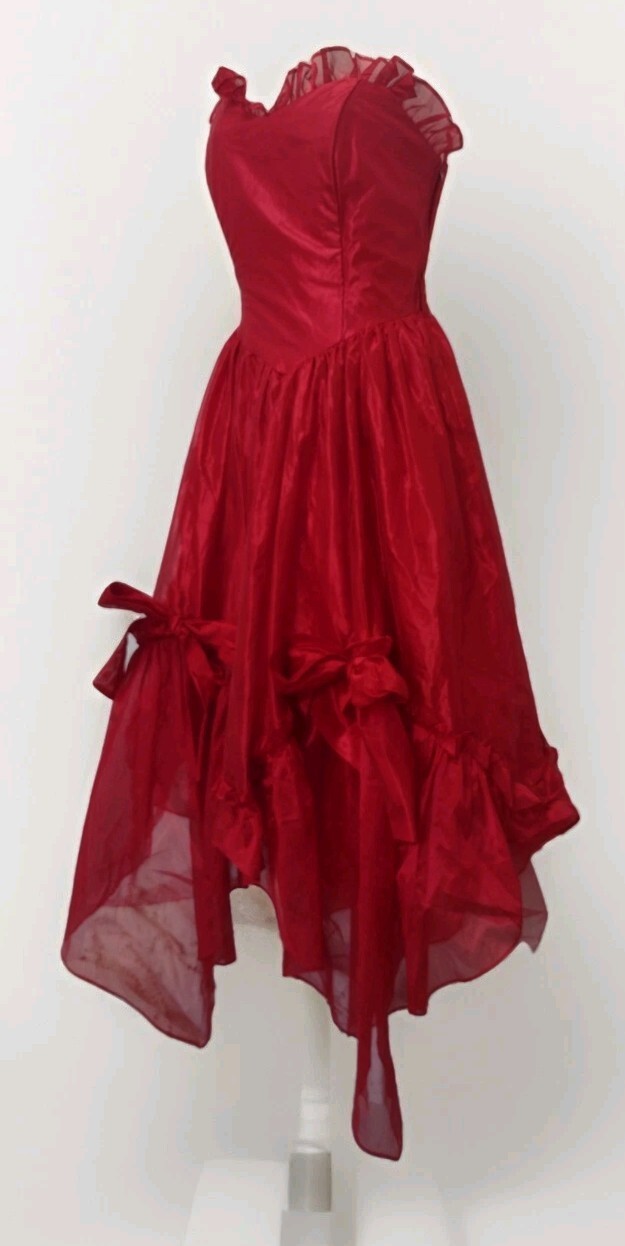 Vintage 80s Red Prom Dress Steppin’ Out Organza Bows High Low Ruffle Gown Sz 9