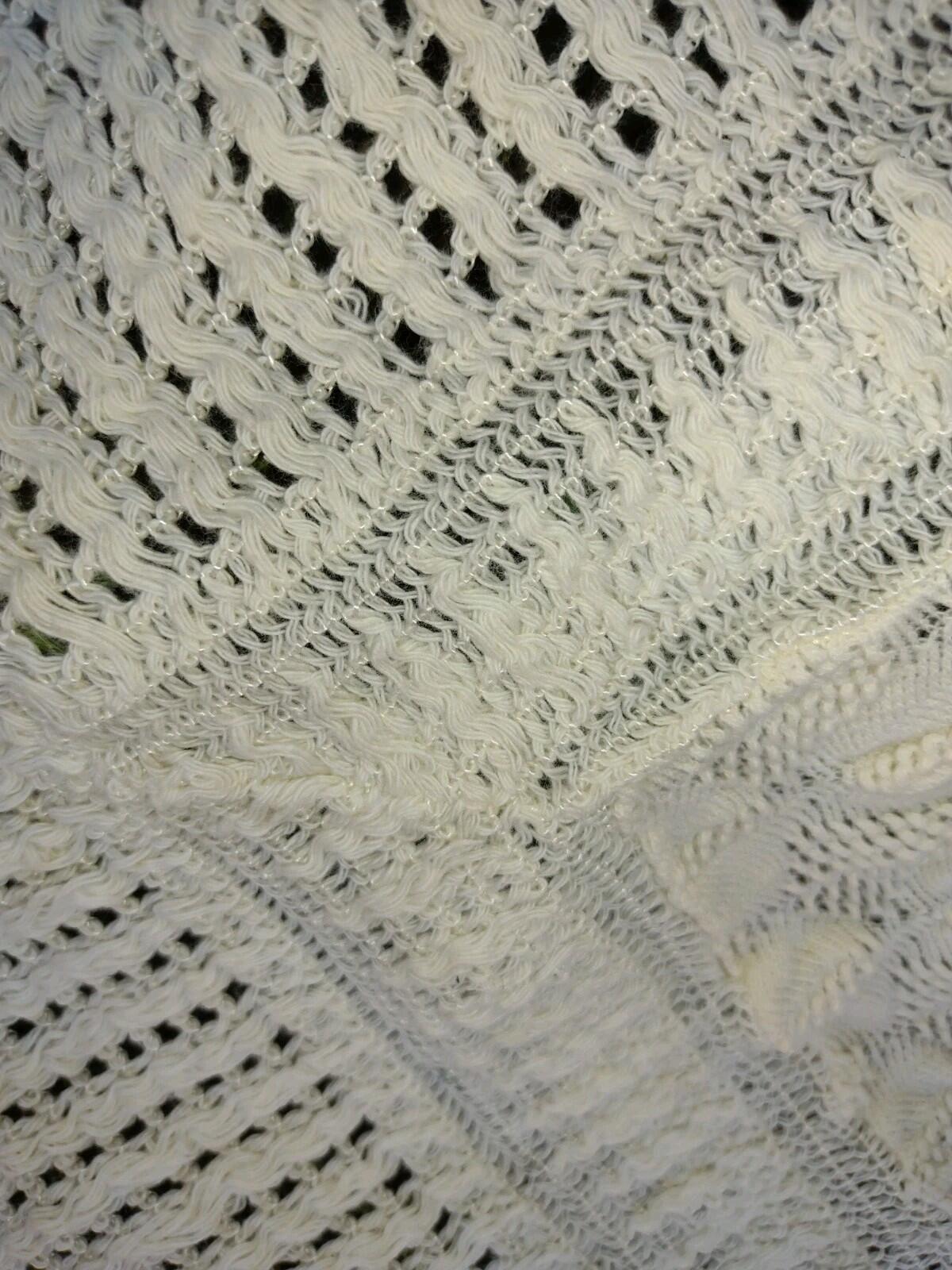Knit Baby Blanket Cream Cotton Blend Crib Pram Vintage 80s Heirloom Lace