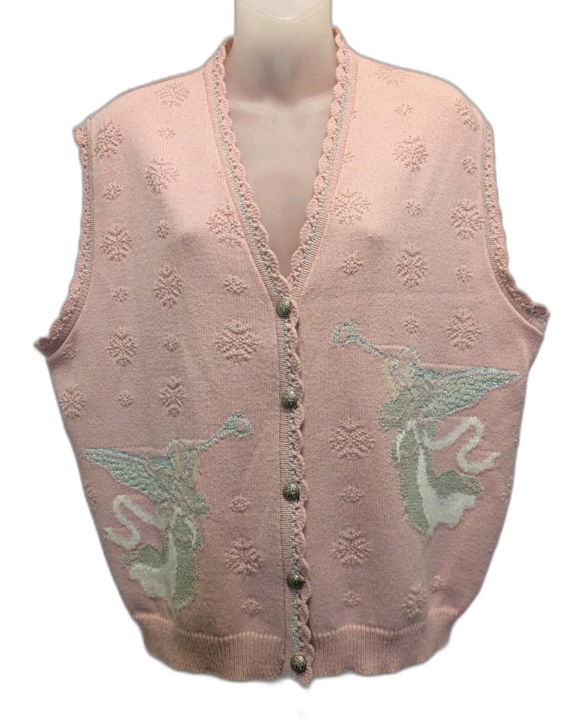Vintage Southern Lady Sweater Vest Pink Christmas Angel Silver Snowflake XL