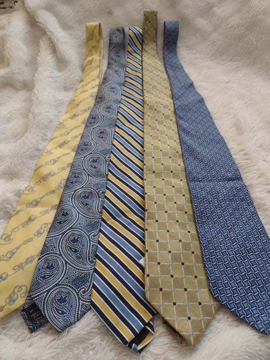 Lot Of 5 Designer Silk Ties Blue & Yellow Brooks Bros., Jos. A. Bank, Josh Bach