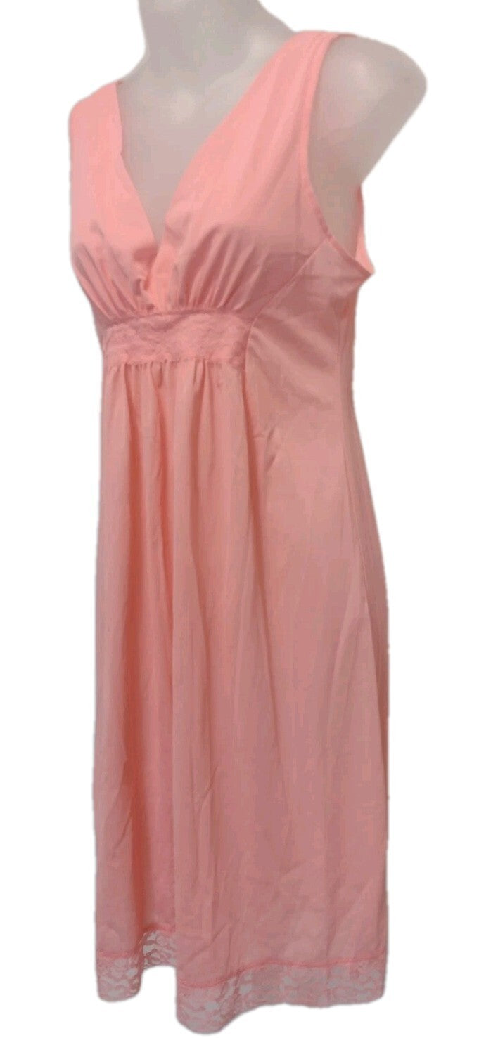 Vintage 70s Coquette Babydoll Nightgown Pink Lace JCPenney Nylon Slip Dress S