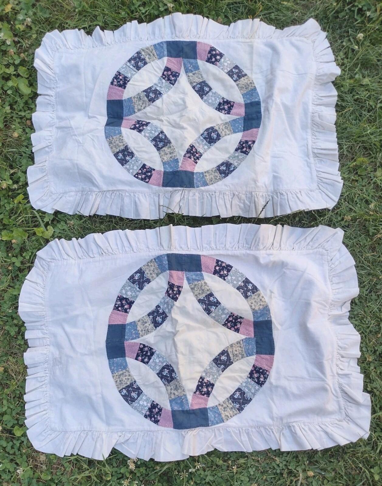 Handmade Calico Patchwork Pillow Shams Pair Ruffle Cottage Prairie Vintage 80s