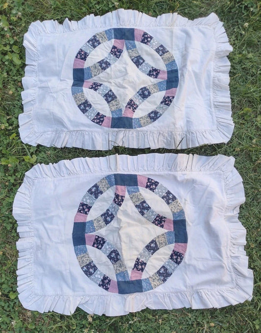 Handmade Calico Patchwork Pillow Shams Pair Ruffle Cottage Prairie Vintage 80s