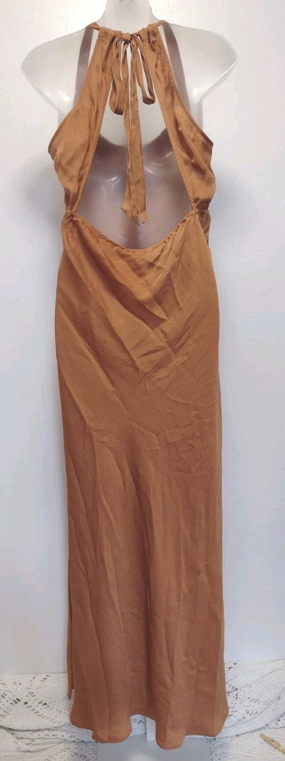 1940s Glam Satin Slip Maxi Dress Copper Brown Open Back High Slit Y2K Large