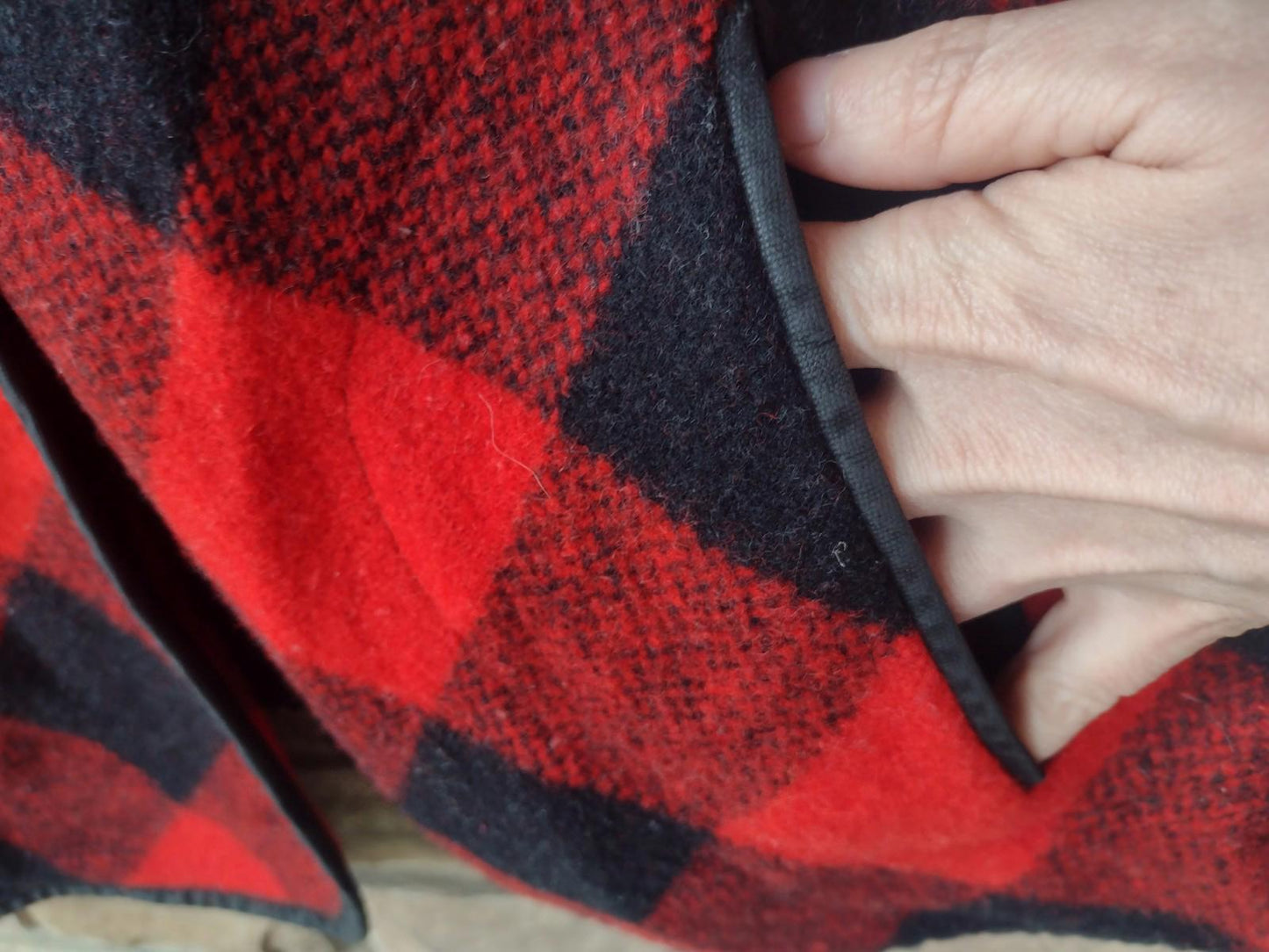Vintage 60s 70s Wool Buffalo Plaid Cape Poncho Red Black Laced Sides