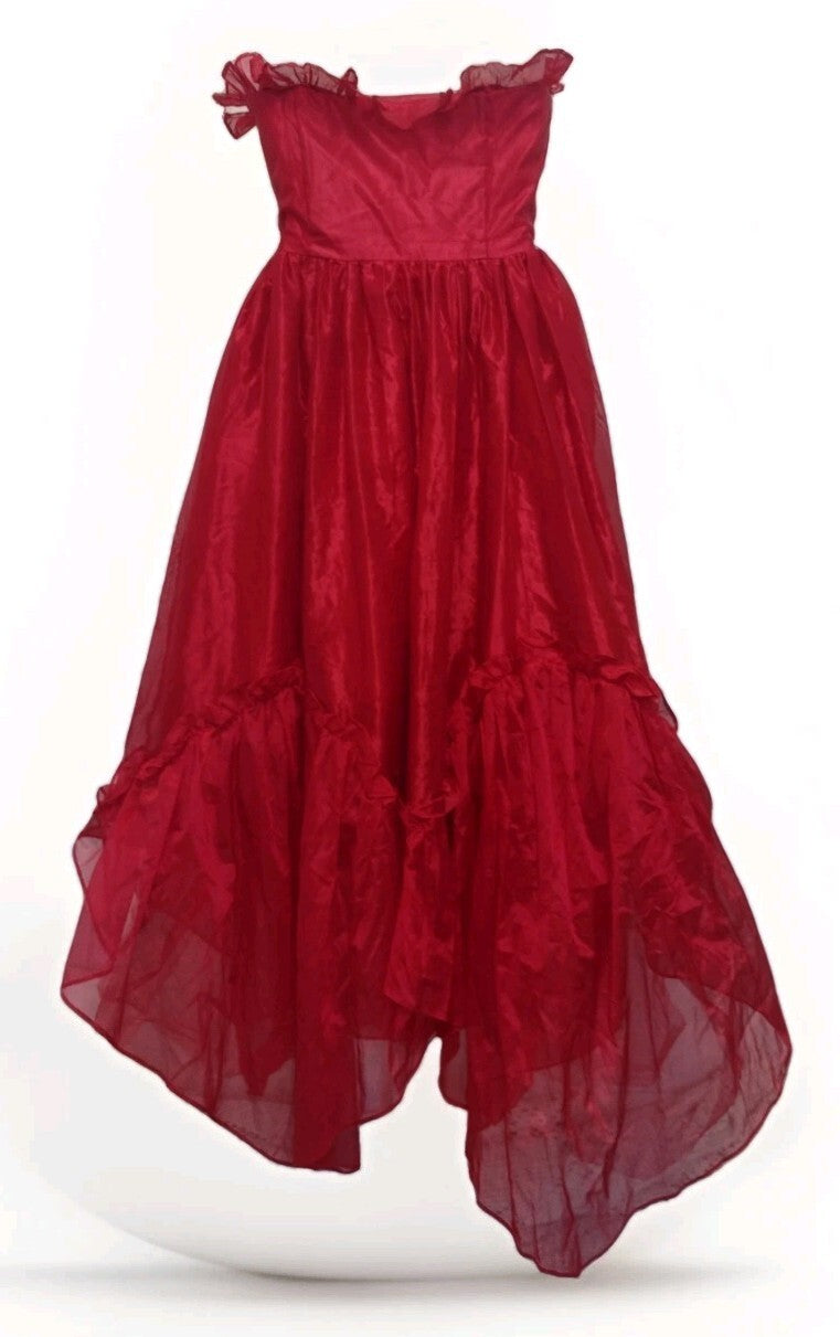 Vintage 80s Red Prom Dress Steppin’ Out Organza Bows High Low Ruffle Gown Sz 9