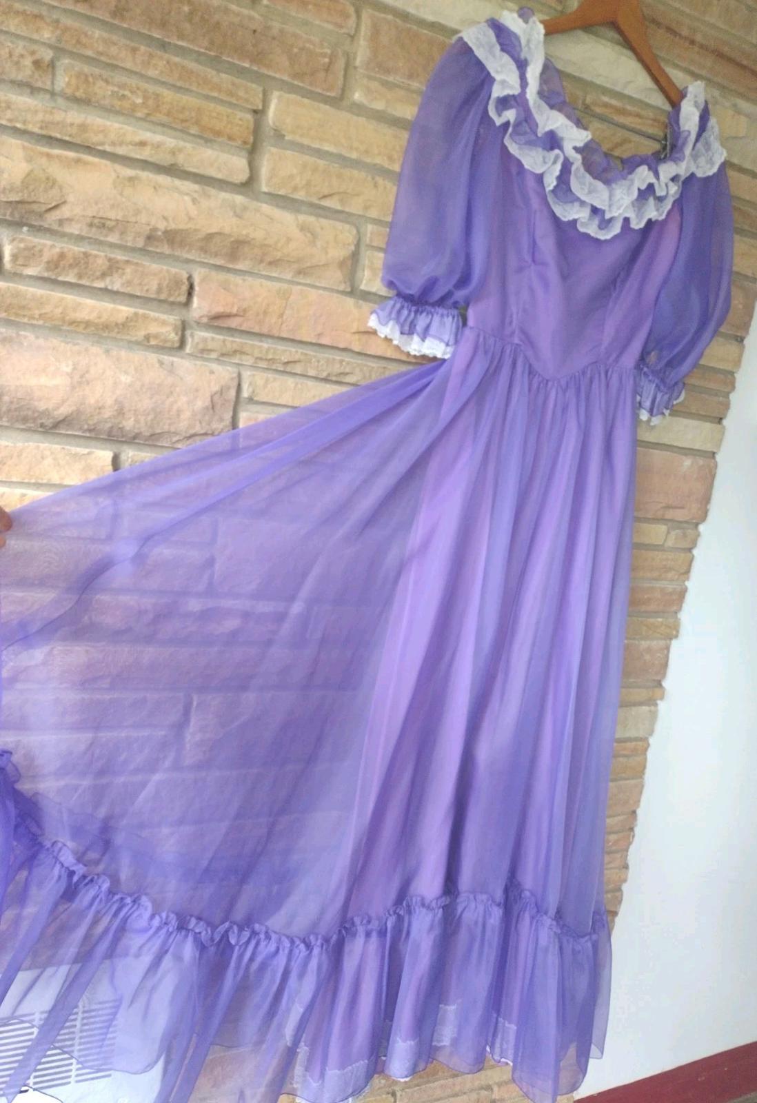 70s Purple Chiffon Prairie Gown Lace Ruffles Satin Lining S