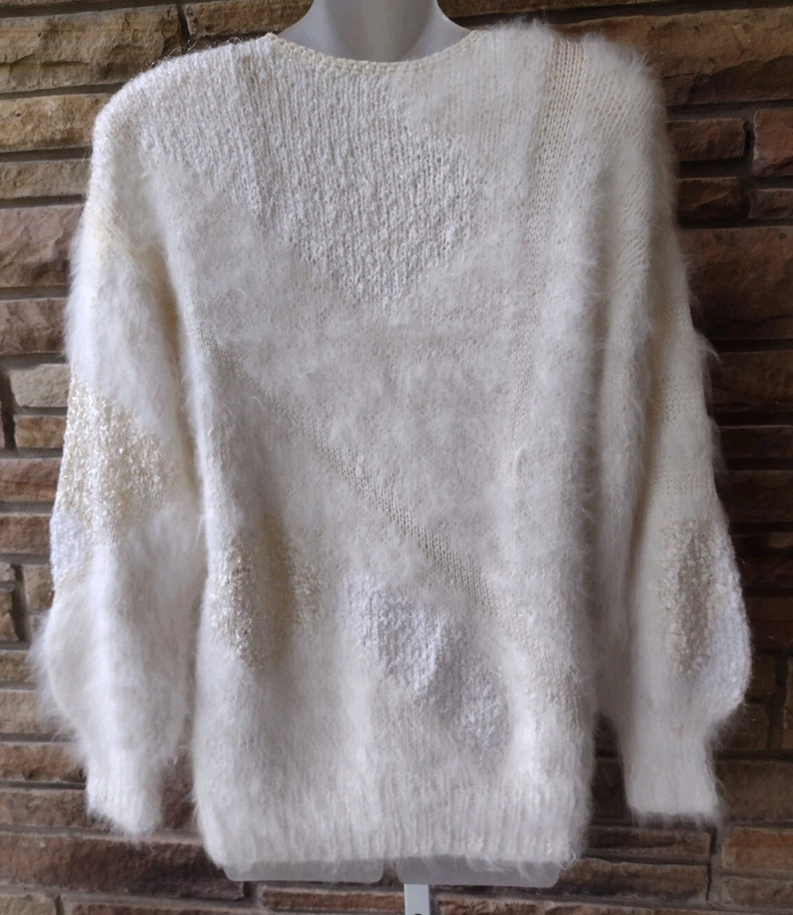 Vintage 80s Fuzzy Angora Sweater Cream Textured Knit Balloon Sleeve Shoulder Pad