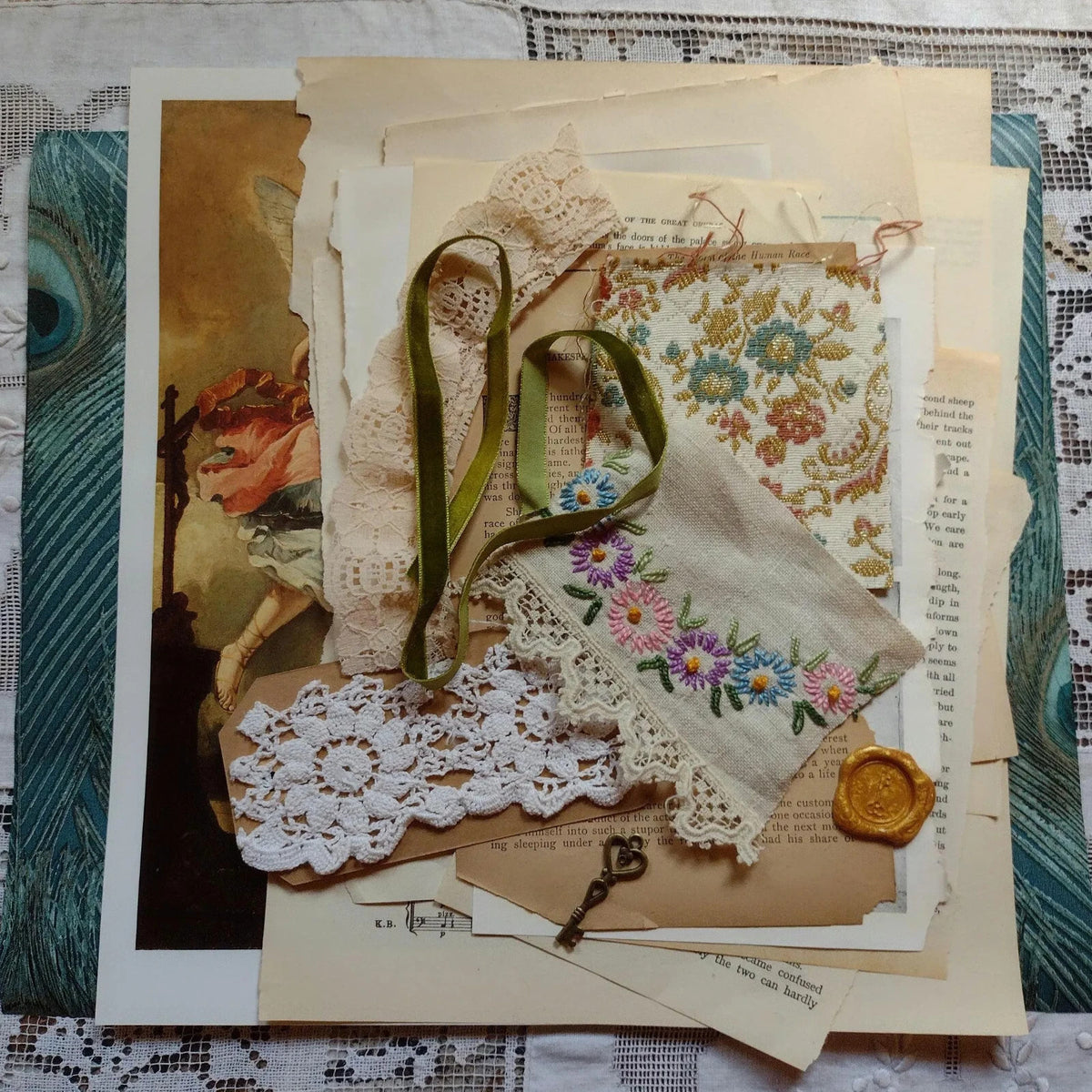 Victorian Peacock Ephemera Pack Vintage Book Pages Textiles Junk Journal Collage