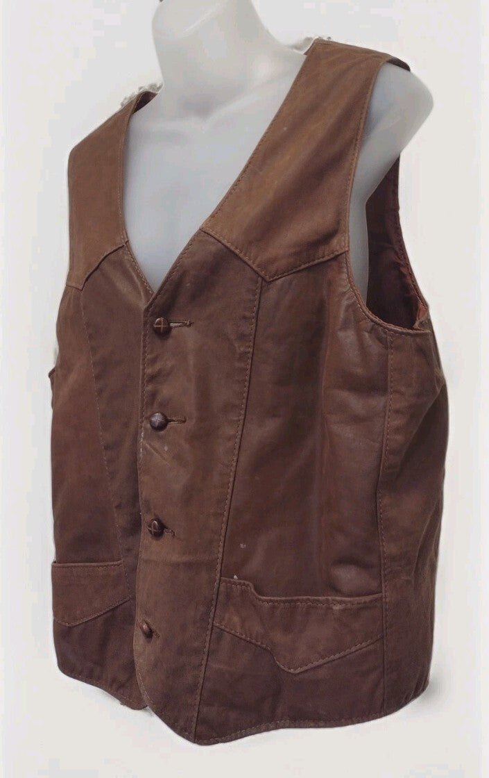 Vintage Steer Brand Leather Vest Men L Made USA Western Cowboy 70s 80s Brown