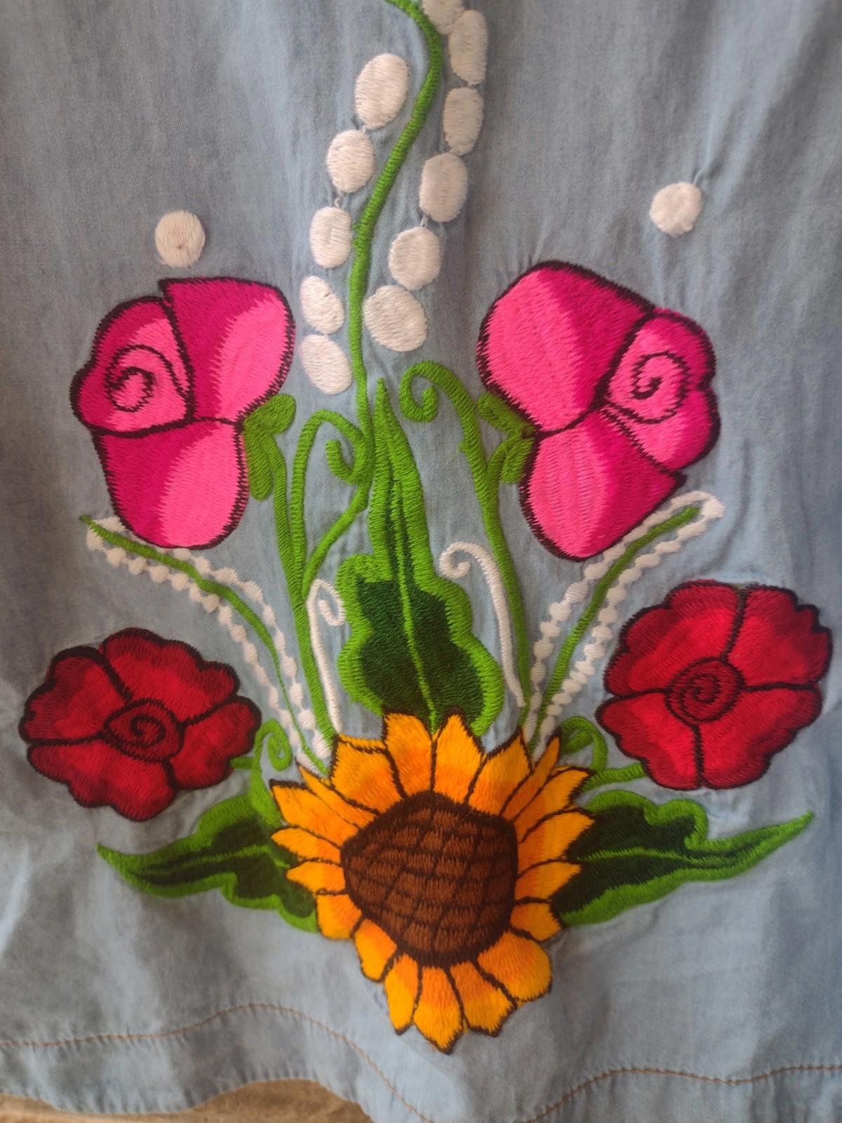 Vintage Denim Dress S/M Embroidered Sunflowers Roses Militaires Equipments