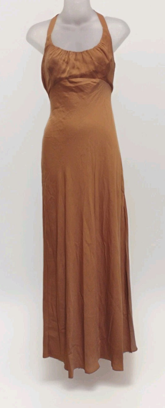 1940s Glam Satin Slip Maxi Dress Copper Brown Open Back High Slit Y2K Large