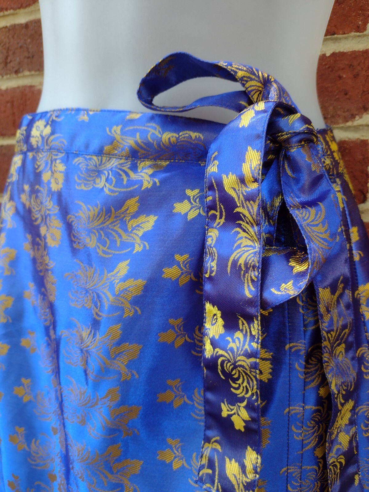 Soho Village Wear Wrap Maxi Skirt Blue Gold Floral Brocade Chinoiserie Boho M