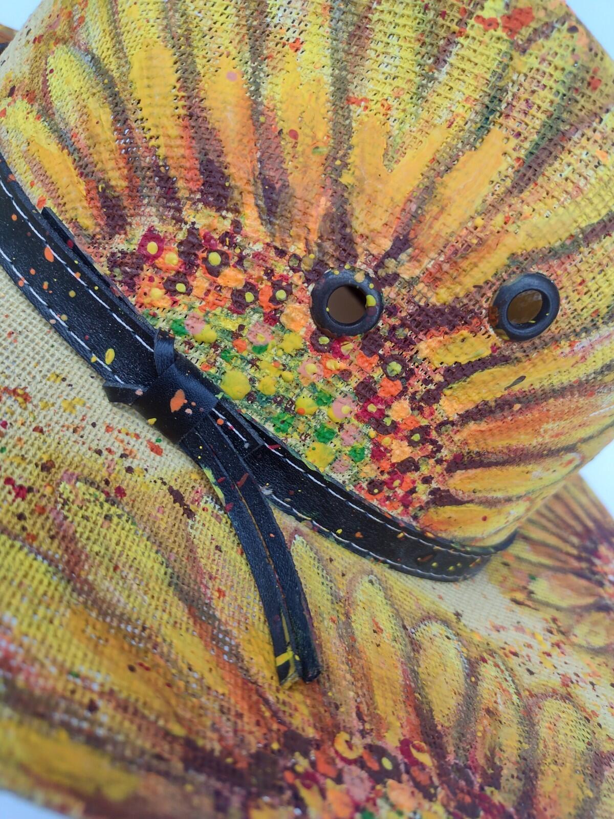 VTG Hand Painted Sunflower Mexican Straw Hat Leather Band Boho Western Ranch M
