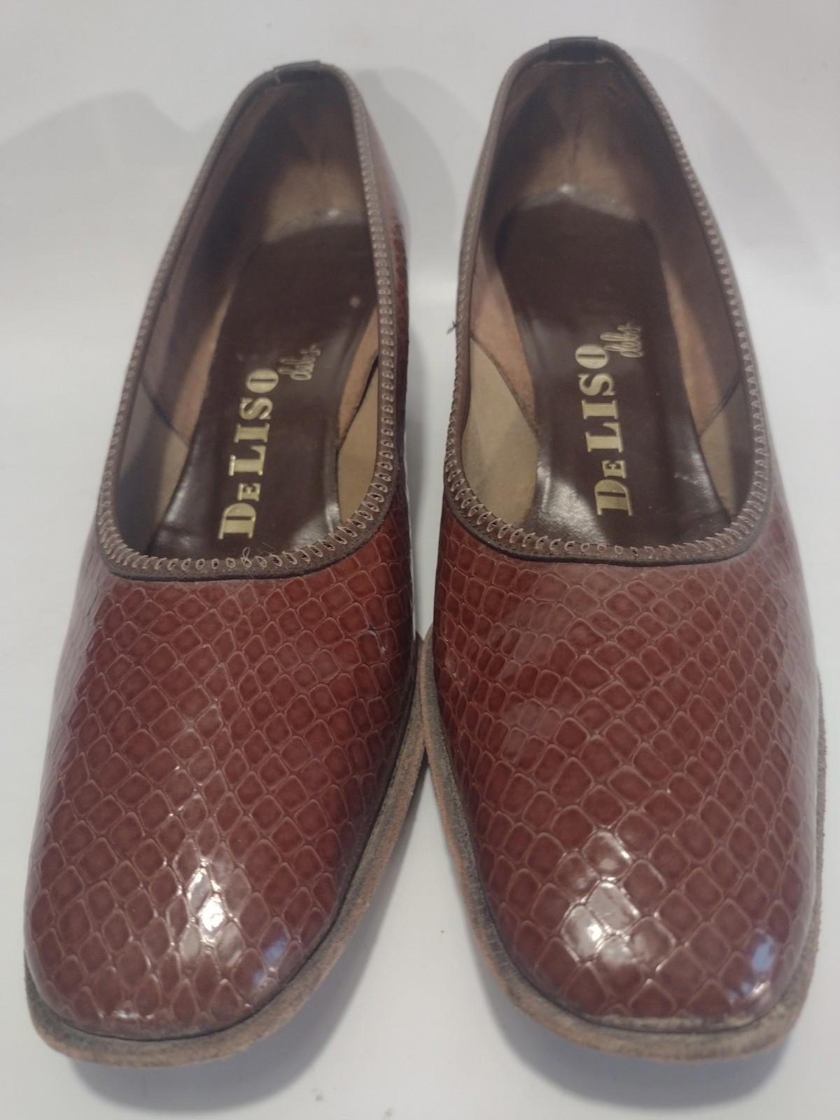 Vintage 50s De Liso Debs Brown Embossed Pumps Size 8A Mid-Century Glam Heels