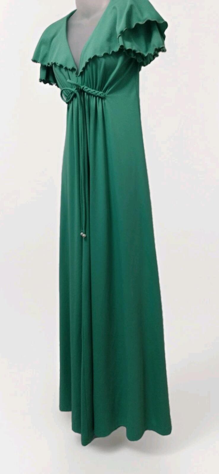 70s Green Polyester Empire Waist Maxi Dress Flutter Sleeve M