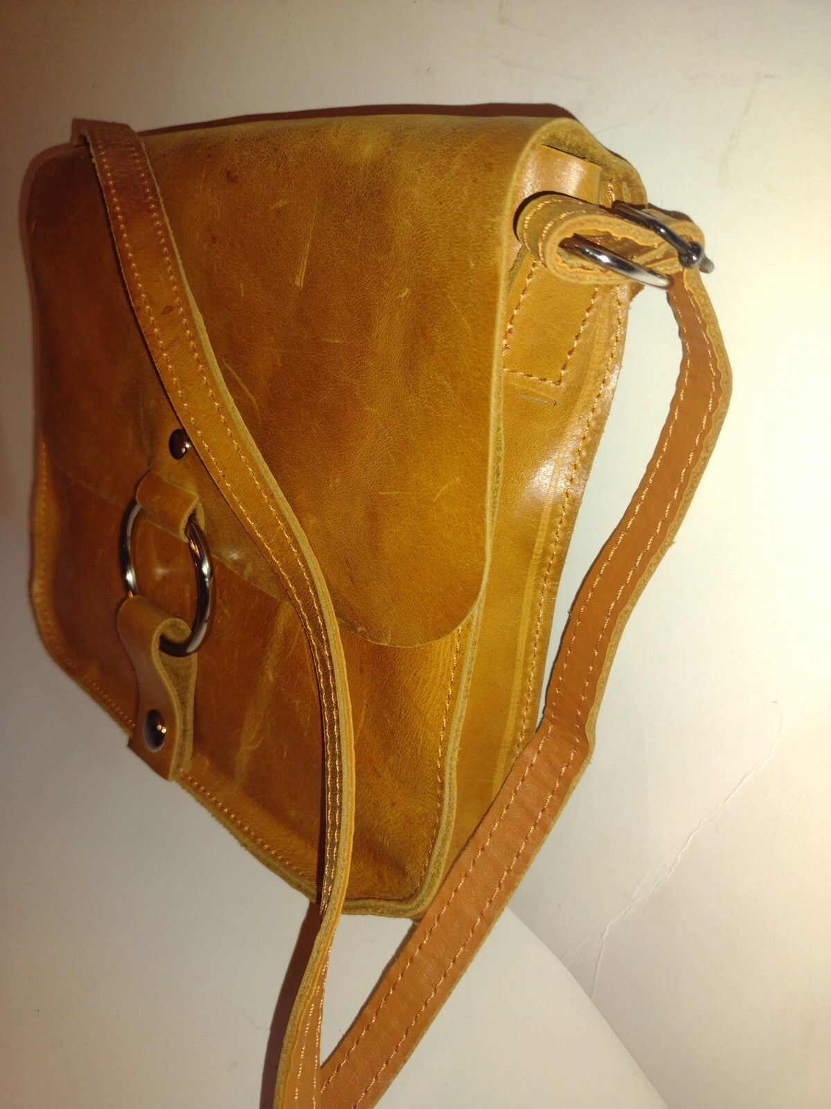 Boho Cognac Leather Crossbody Bag Artisan O Ring Shoulder Purse Rustic