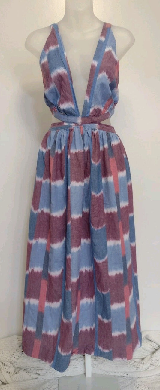 Anthropologie Womens Deep V Midi Dress Large NWT Halter Open Back Boho Ikat