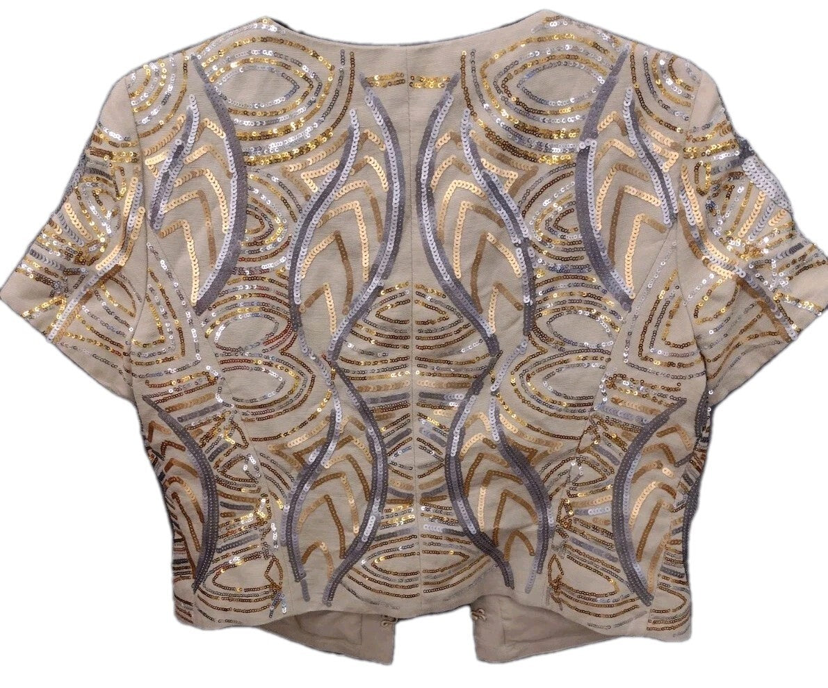 Peter Nygard Sequin Cropped Jacket Sz 8 Art Deco Gatsby Metallic Evening Bolero