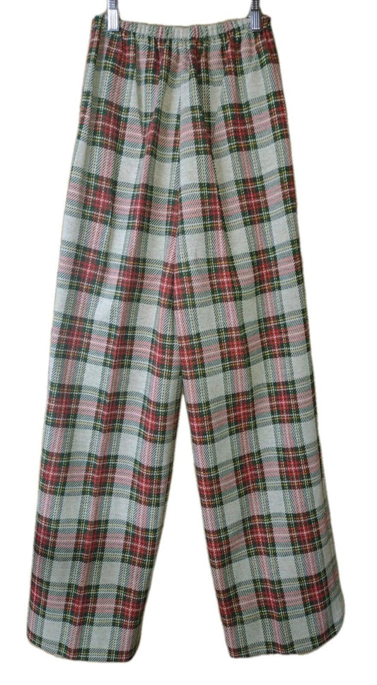 Vintage 70s Plaid Double Knit Wide Leg Pants Elastic Waist Red Green Lounge