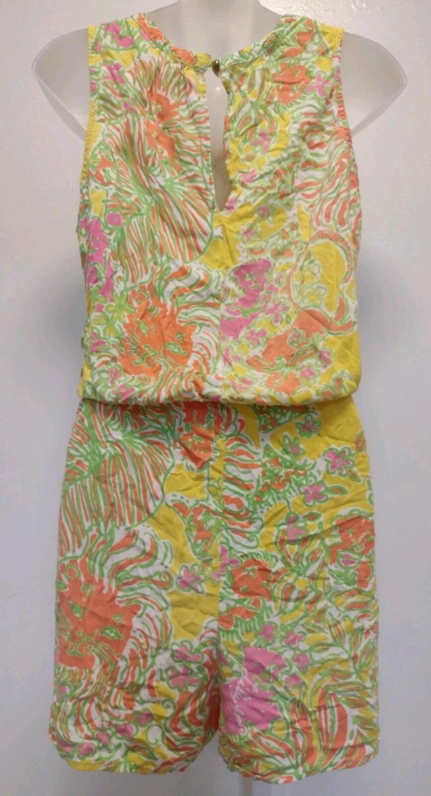Lilly Pulitzer Target yellow pink green jungle rayon romper jumpsuit pockets XL