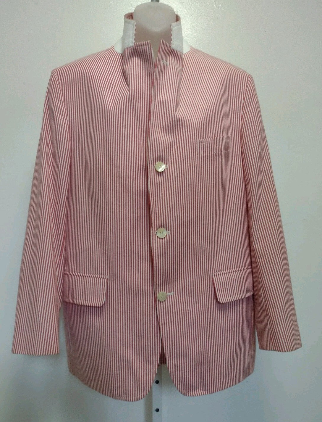 Vintage 80s Patrick James Seersucker Sport Coat Red White Stripe Preppy USA