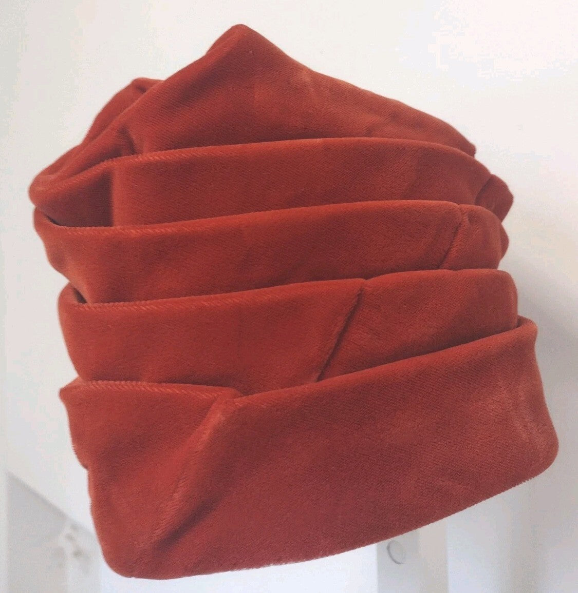 1940s Burnt Orange Velvet Turban Hat Pleated Sculptural Toque Handmade Vintage