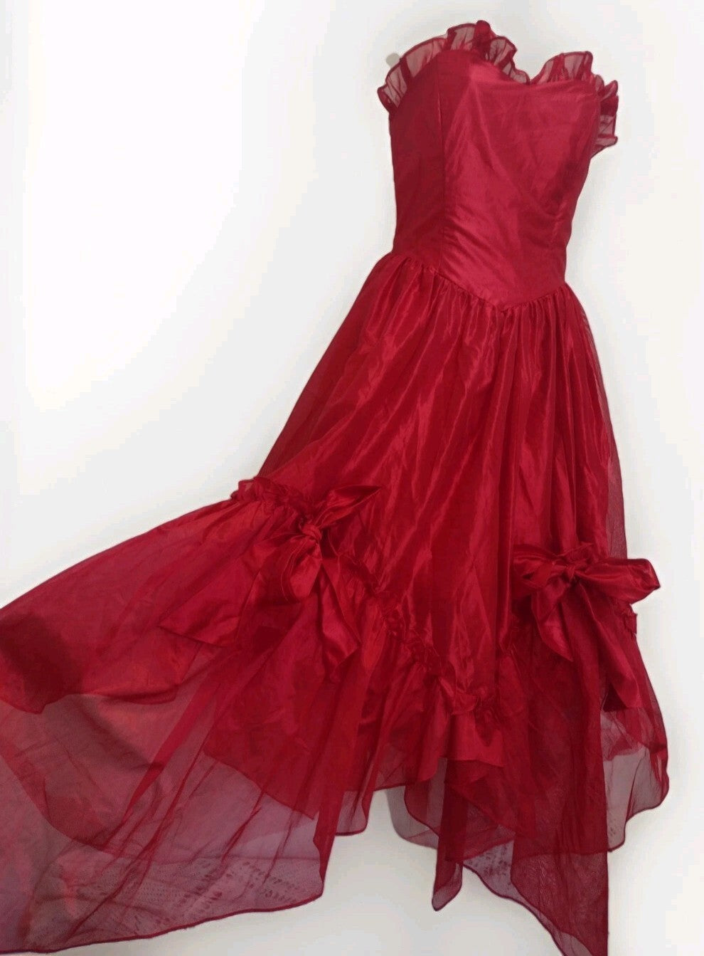 Vintage 80s Red Prom Dress Steppin’ Out Organza Bows High Low Ruffle Gown Sz 9