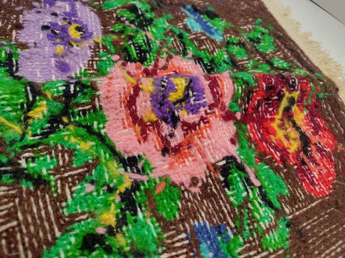 Vintage 60s 70s Floral Needlepoint Tapestry Folk Art Fringed Textile Panel