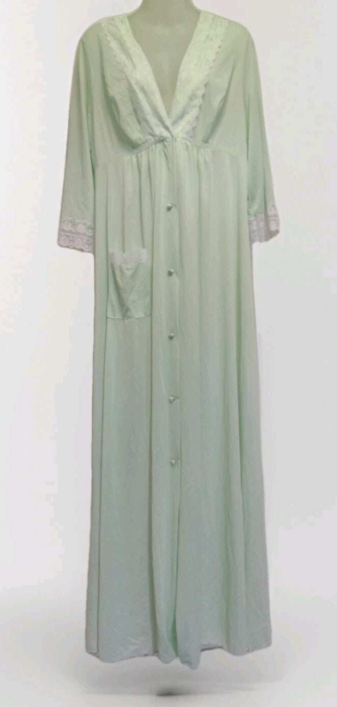 Vintage Shadowline Maxi Robe Large Pistachio Green Nylon Lace Made USA 57"