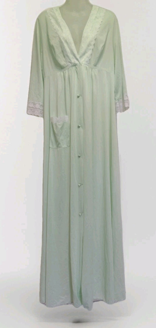 Vintage Shadowline Maxi Robe Large Pistachio Green Nylon Lace Made USA 57"