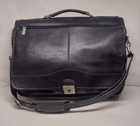 90s Black Genuine Leather Expandable Briefcase Amiet Swiss Lock Executive Bag