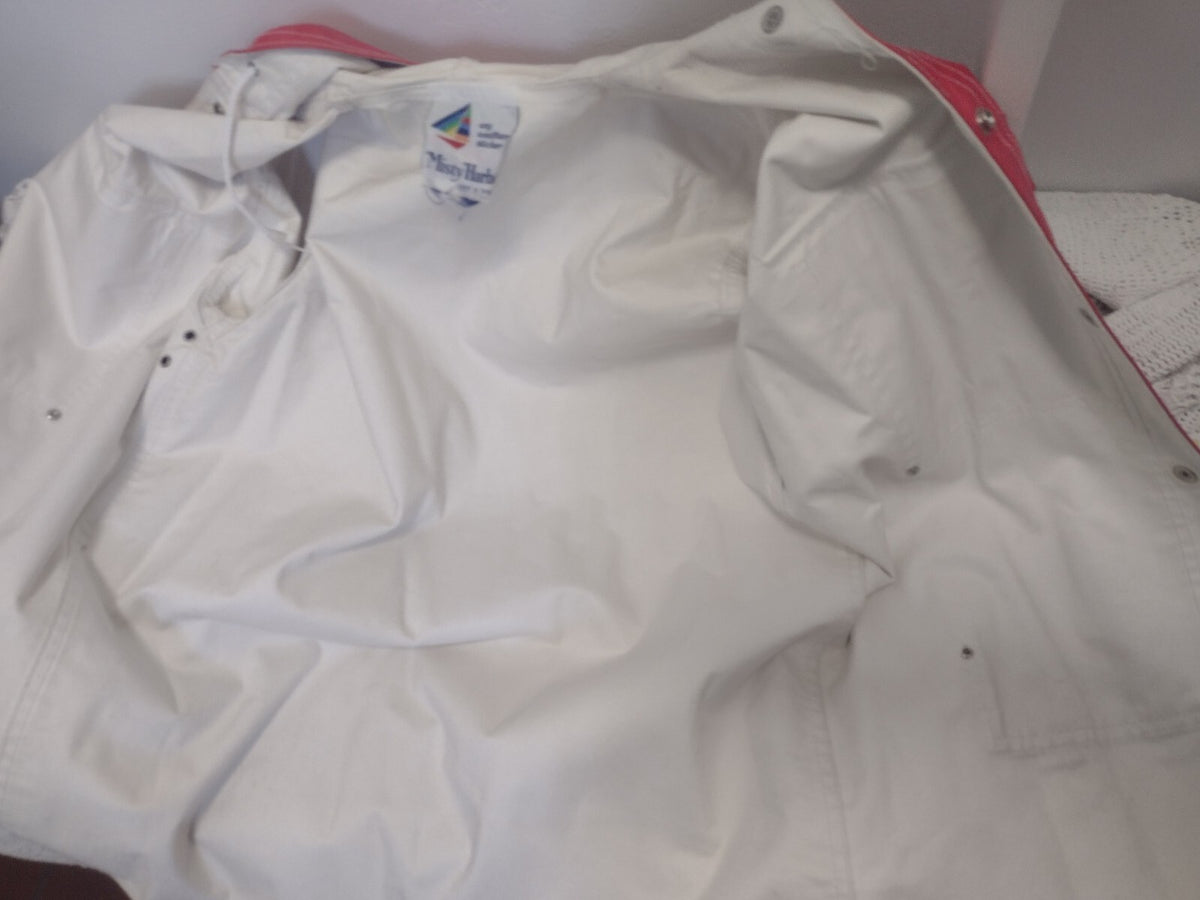 80s Nautical Fisherman Red Vinyl Rain Slicker Rainbow Sailboat Misty Harbor Sz M