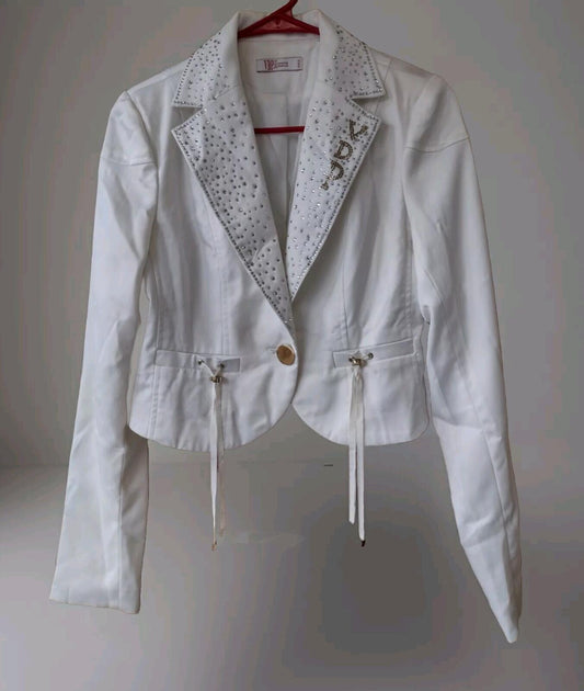VDP Sport Italia Rare Vintage Tuxedo Jacket Swarovski Crystal & White Satin Sz.S