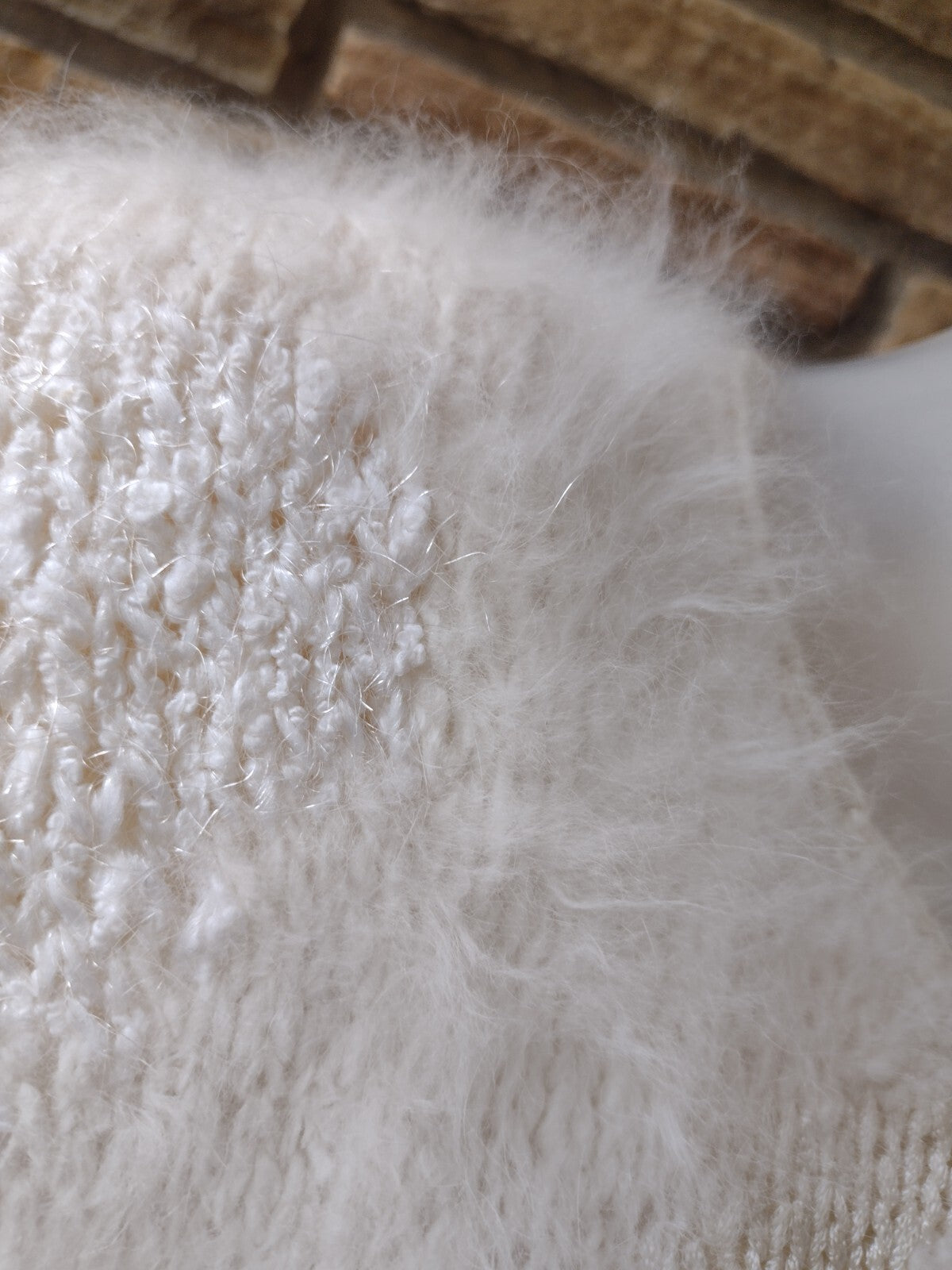 Vintage 80s Fuzzy Angora Sweater Cream Textured Knit Balloon Sleeve Shoulder Pad