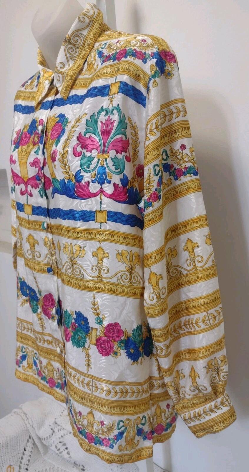 Pierre Cardin Baroque Satin Shirt L Gold Floral Scroll Vintage Luxe 80s