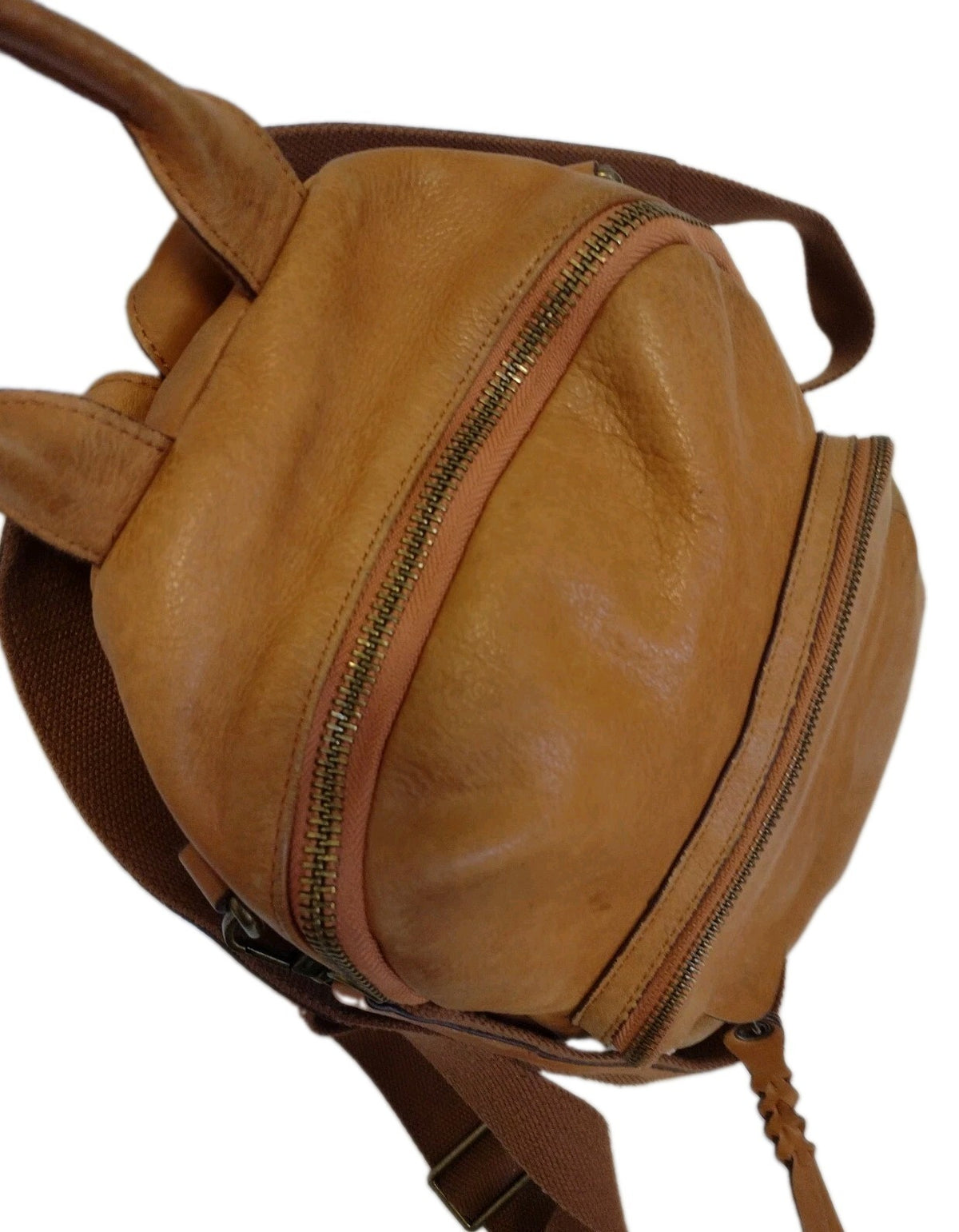 Boho Cognac Leather Backpack Distressed Rucksack Utility Pocket Y2K Style Bag