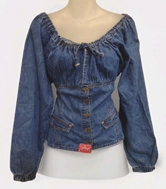 Denim Corset Top Vintage 90s Outlaw Western Cowgirl On Off Shoulder Blouse