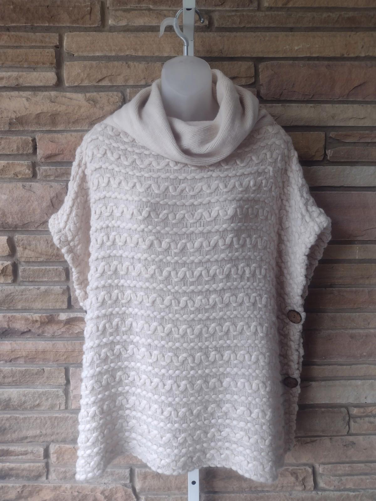 Knit Textured Cowl Neck Sleeveless Sweater Cream Acrylic Pullover Poncho OS