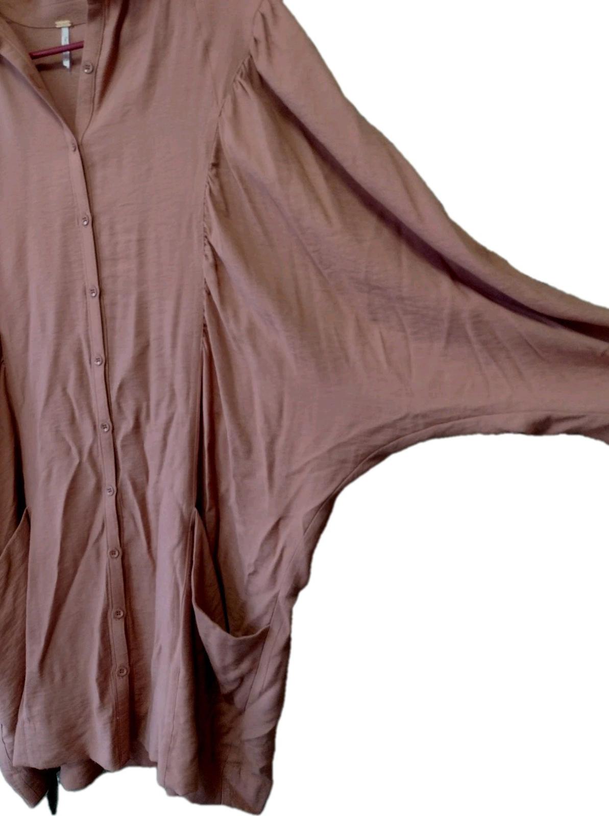 Free People Terracotta Button-Up Tunic /Dress Batwing Pleated Pockets Sz M