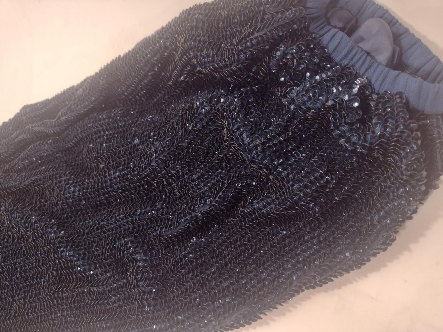 RETROFÊTE One-Shoulder Long Sleeve Robe Tie Crop Top Navy Sequin Irridescent XS