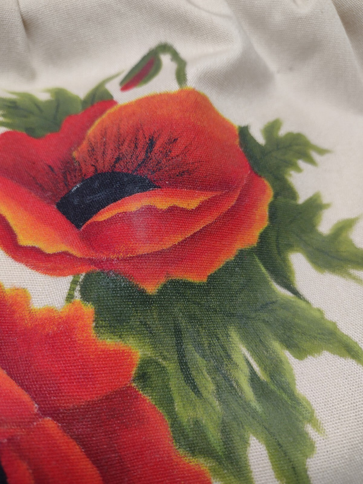 Vintage 70s Hand Painted Poppy Canvas Handbag Wood Handle Signed Folk Art Purse