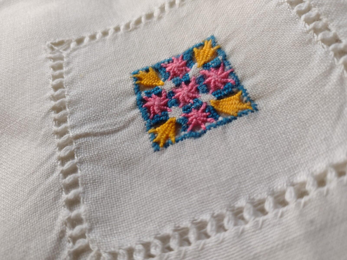Vintage 40s Linen Tablecloth Napkins Set + PA Dutch Towel Embroidered Cutwork