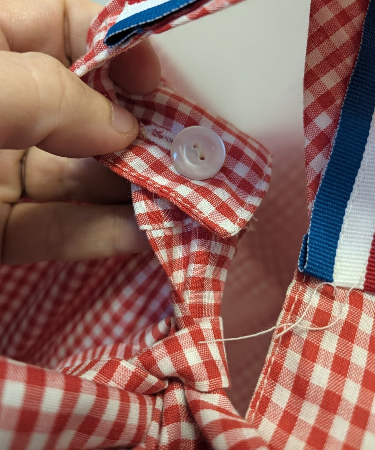 Vintage 70s Handmade Red Gingham Pinafore Apron Dress RWB Ribbon Bicentennial