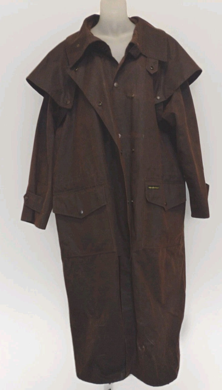 Vintage Outback Oilskin Drover Duster Coat Brown Western Ranch Equestrian L