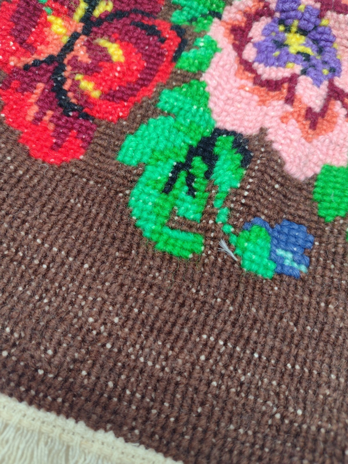 Vintage 60s 70s Floral Needlepoint Tapestry Folk Art Fringed Textile Panel